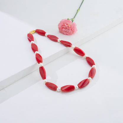 Semi Precious Red Beads & White Freshwater Pearl Necklace