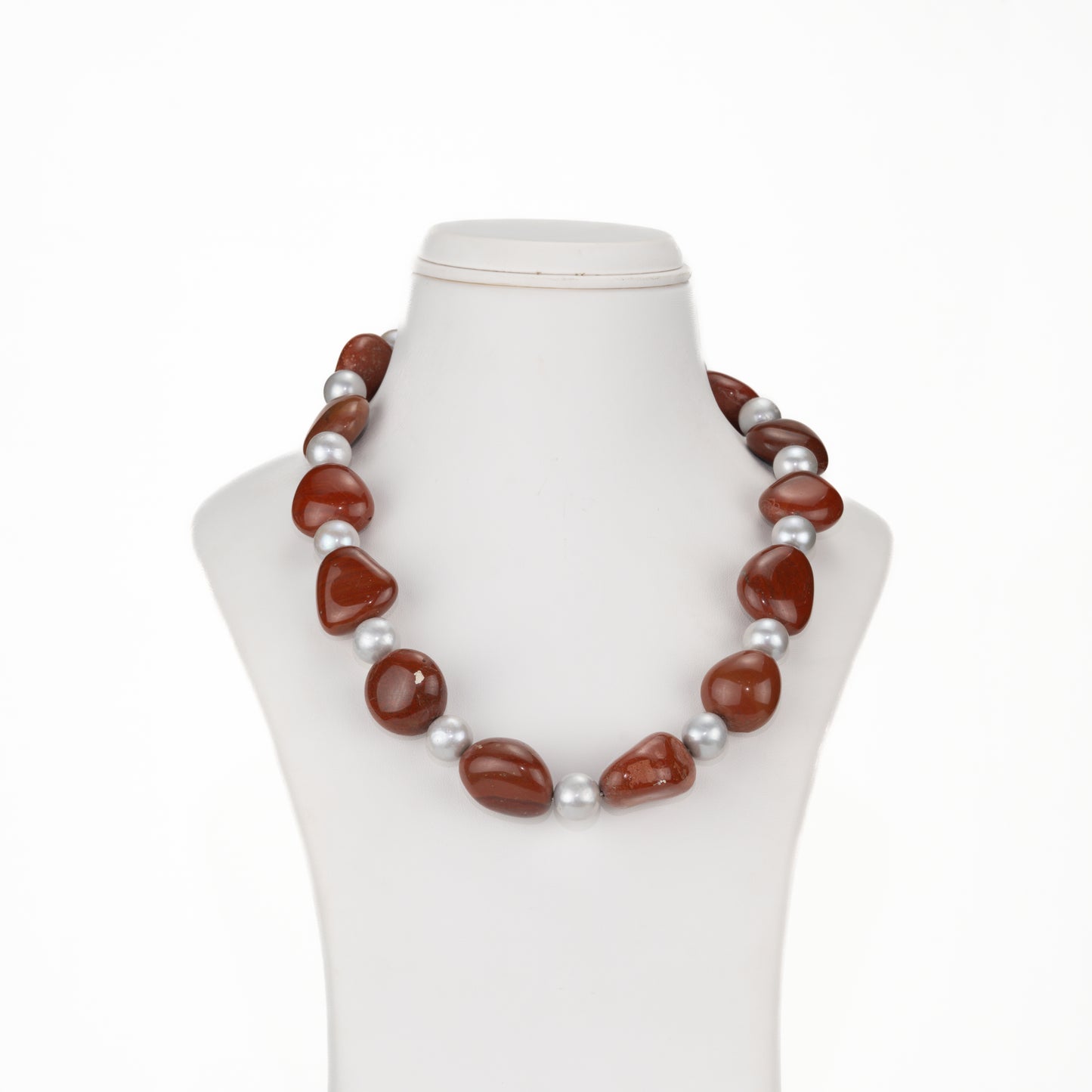Red Jasper Semi Precious Beads Grey Freshwater Pearl Necklace