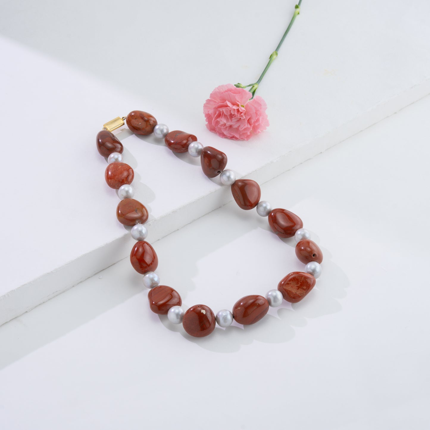 Red Jasper Semi Precious Beads Grey Freshwater Pearl Necklace