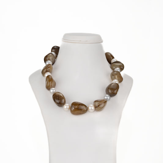 Brown Agate Semi Precious Beads & Multicolor Freshwater Pearl Necklace