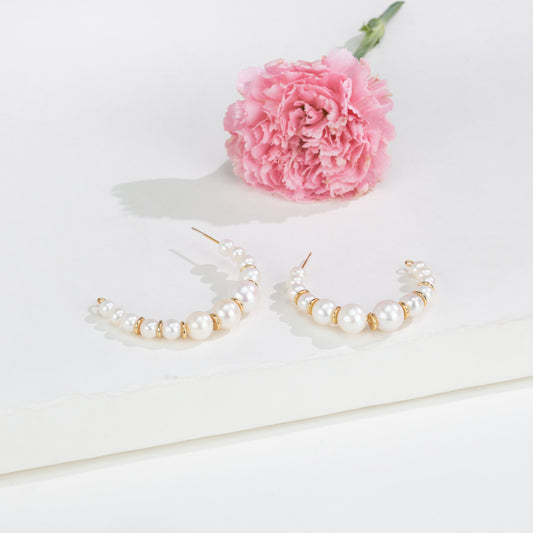 Lustrous White Freshwater Pearl Designer Hoop Earring