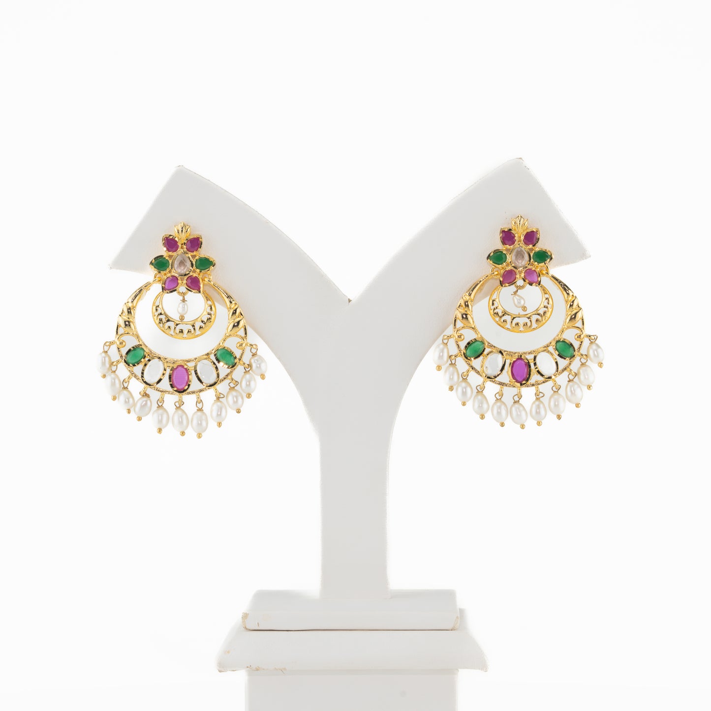Designer Red Green Multicolor Chand Bali With Freshwater  Pearl Drop