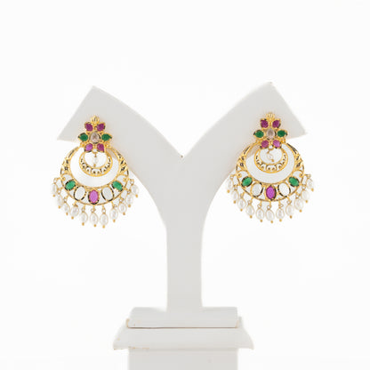 Designer Red Green Multicolor Chand Bali With Freshwater  Pearl Drop