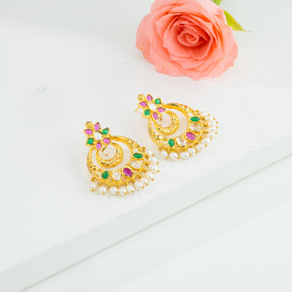 Designer Red Green Multicolor Chand Bali With Freshwater  Pearl Drop