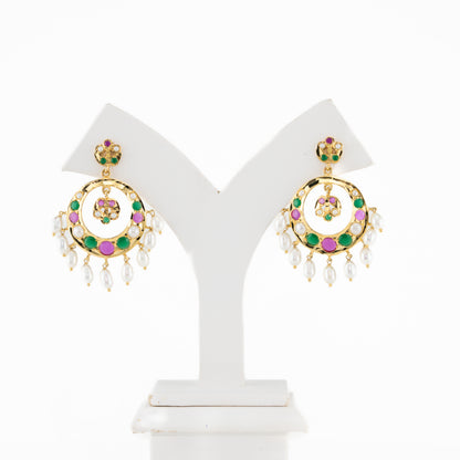 Dramatic Red Green Multicolor Drop Freshwater Pearl Chand Bali