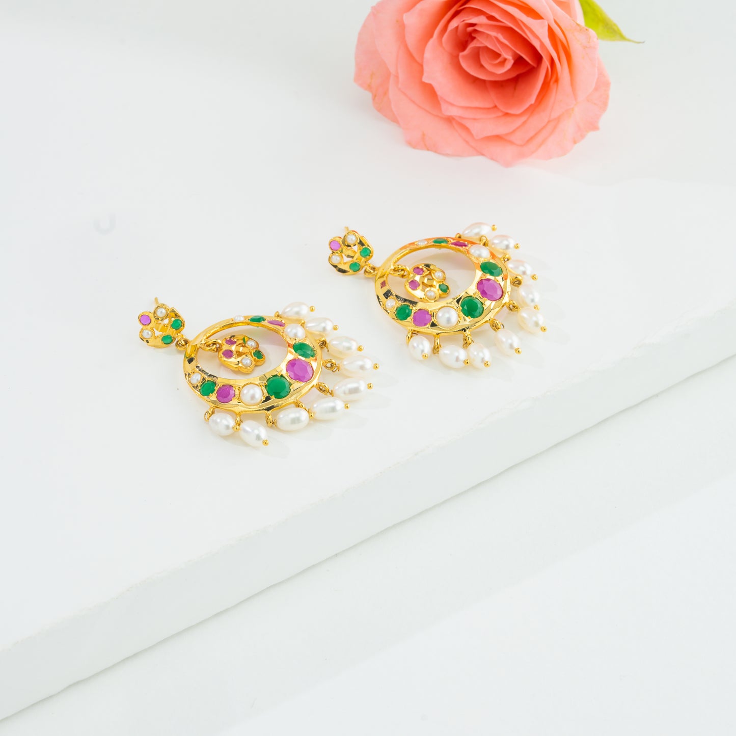 Dramatic Red Green Multicolor Drop Freshwater Pearl Chand Bali