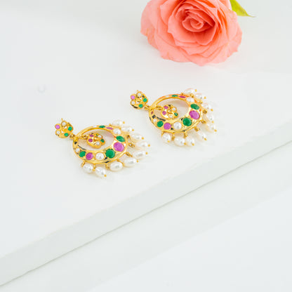 Dramatic Red Green Multicolor Drop Freshwater Pearl Chand Bali