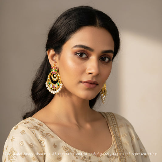 Designer Red Green Multicolor Chand Bali With Freshwater  Pearl Drop