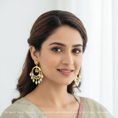 Dramatic Red Green Multicolor Drop Freshwater Pearl Chand Bali