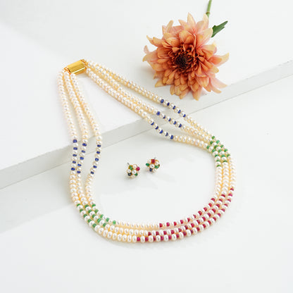 Natural Mix Ruby & Sapphire & Emerald And 5.0-6.0mm Button Freshwater Pearl Necklace Set - AA Quality