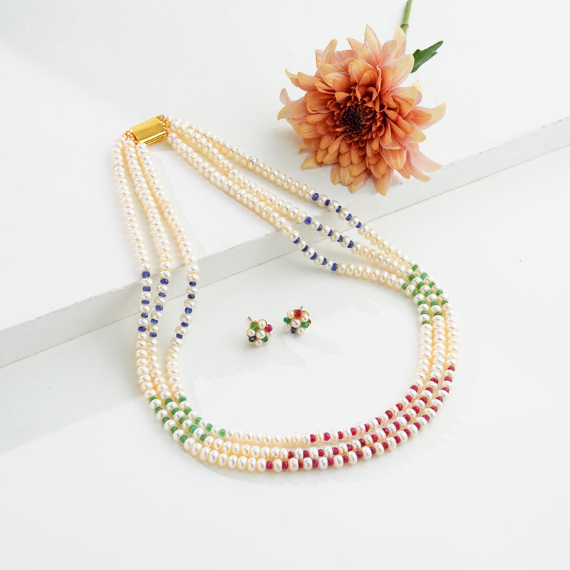 Natural Mix Ruby & Sapphire & Emerald And 5.0-6.0mm Button Freshwater Pearl Necklace Set - AA Quality