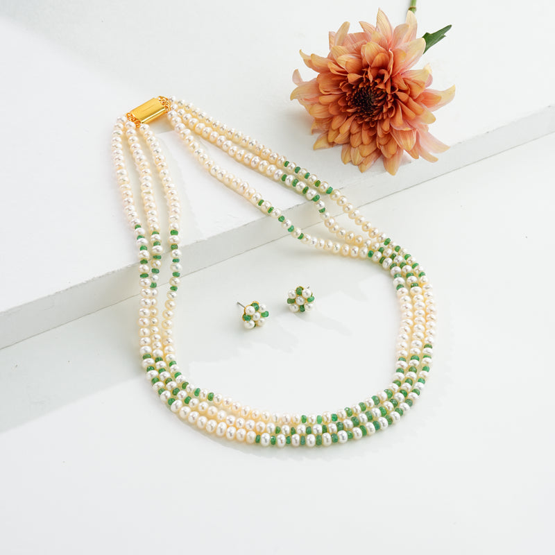 Natural Emerald And 5.0-6.0mm Button Freshwater Pearl Necklace Set - AA Quality