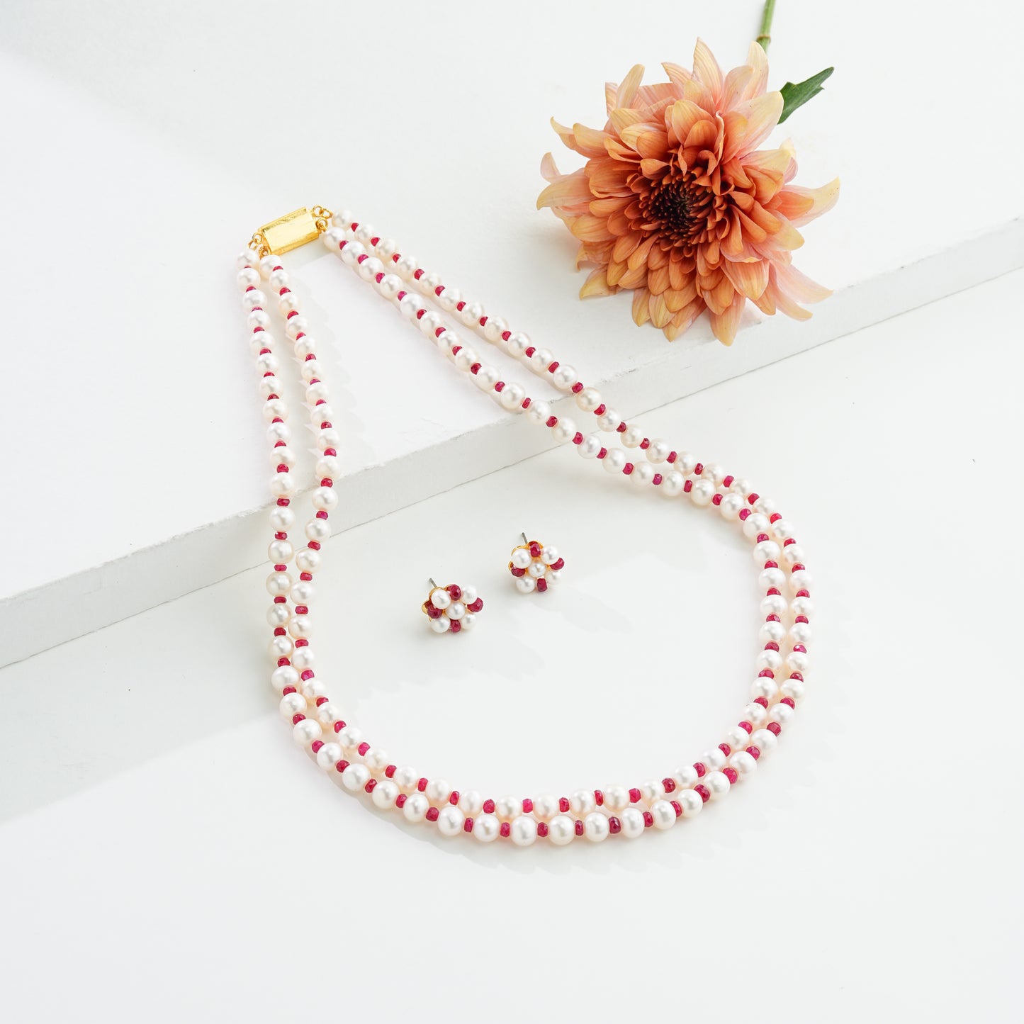 Natural Ruby And 6.0-7.0mm White Near Round Freshwater Pearl Necklace Set AA Quality