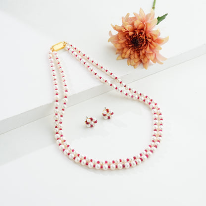 Natural Ruby And 6.0-7.0mm White Near Round Freshwater Pearl Necklace Set AA Quality