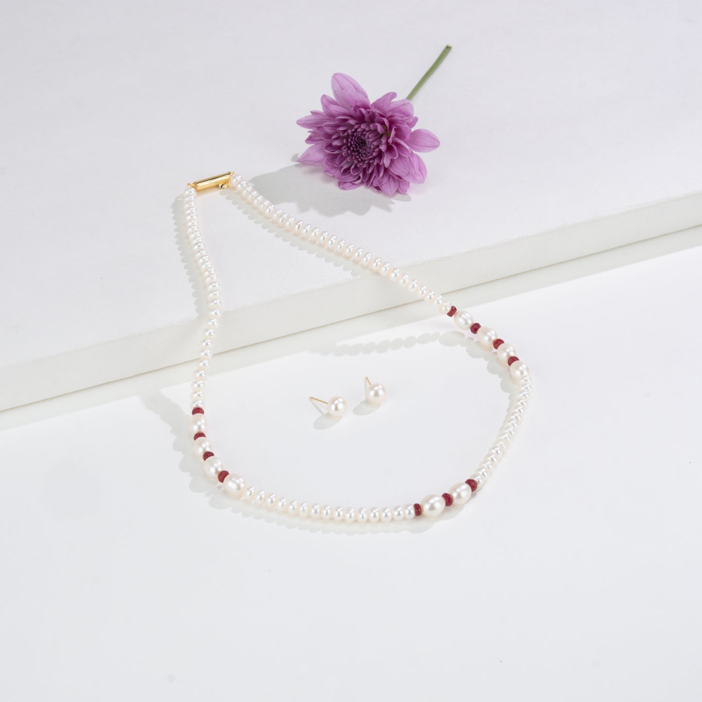 Natural Ruby And 3.0-4.0mm Mix Freshwater Pearl Necklace Set-A Quality
