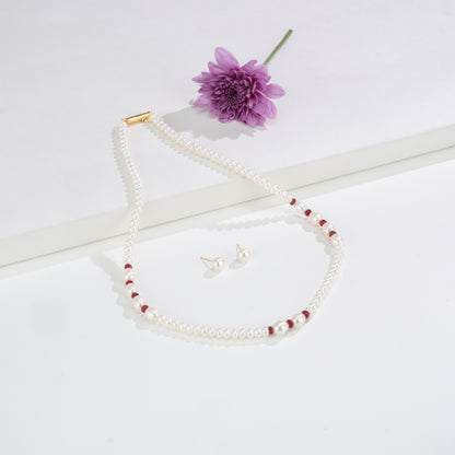 Natural Ruby And 3.0-4.0mm Mix Freshwater Pearl Necklace Set-A Quality