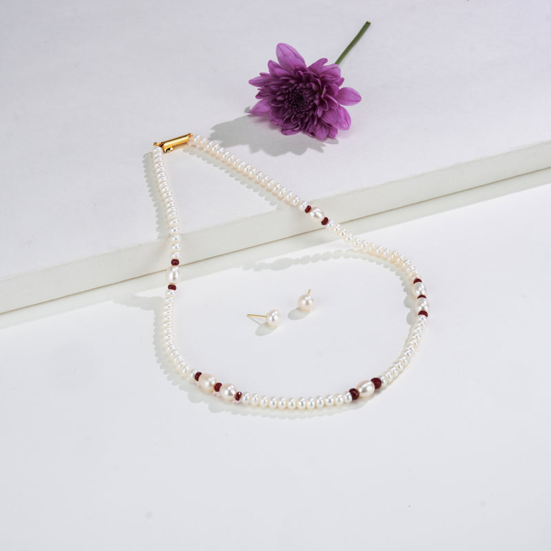 Natural Ruby And 3.0-4.0mm Mix Freshwater Pearl Necklace Set- A Quality