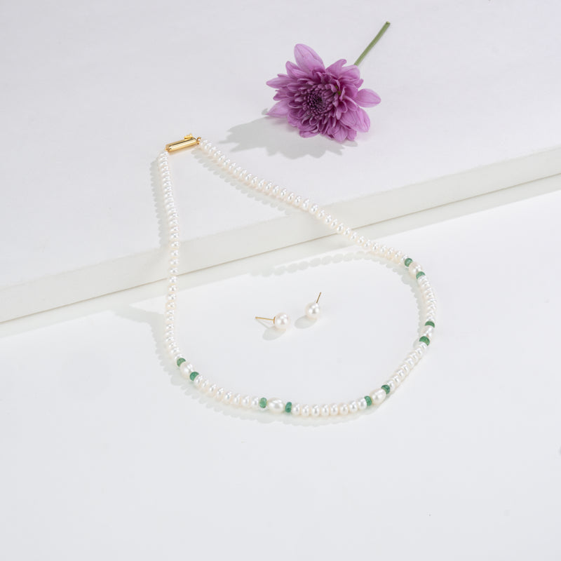 Natural Emerald And 3.0-4.0mm Mix Freshwater Pearl Necklace Set - A Quality