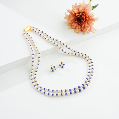 Natural Blue Sapphire And 6.0-7.0mm Near Round  Freshwater Pearl Necklace Set - AA Quality