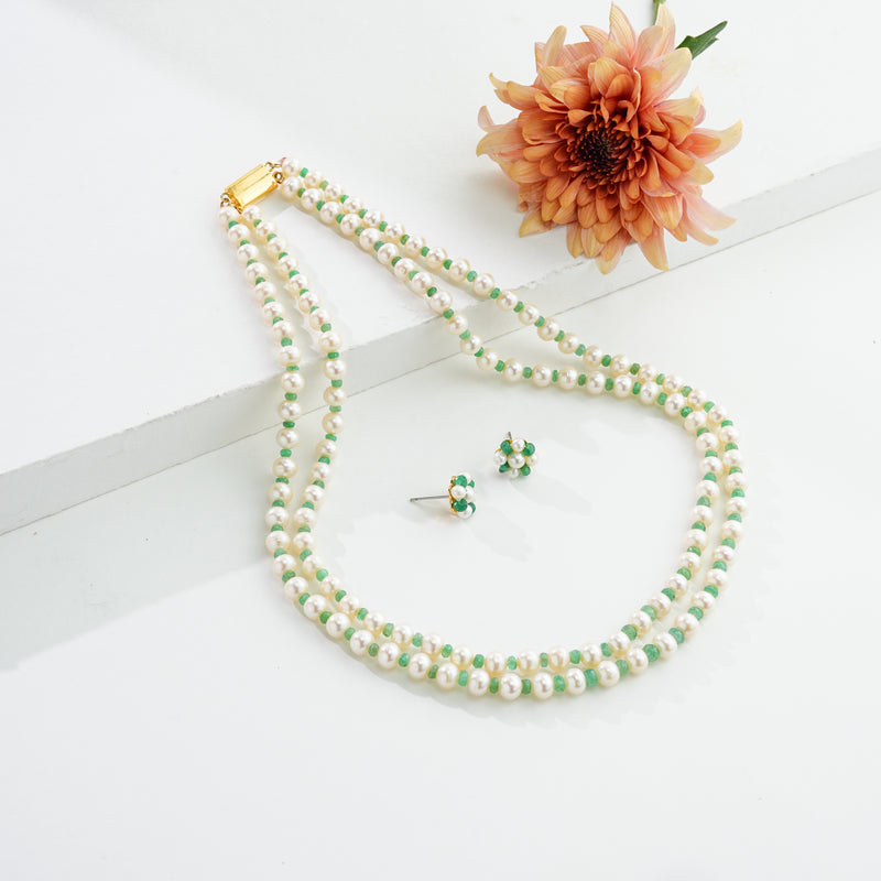 Natural Emerald With 6.0-7.0mm Near Round  Freshwater Pearl Necklace Set-AA Quality