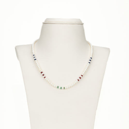 Natural Mix Ruby & Sapphire & Emerald And 3.0-4.0mm Button Freshwater Pearl Necklace Set - A Quality