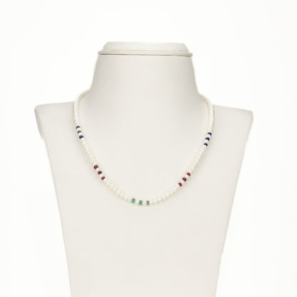 Natural Mix Ruby & Sapphire & Emerald And 3.0-4.0mm Button Freshwater Pearl Necklace Set - A Quality
