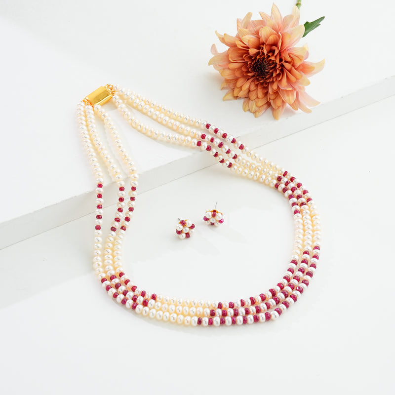 Valuable Natural Ruby And 3.0-4.0mm Freshwater Pearl Necklace Set-AA Quality