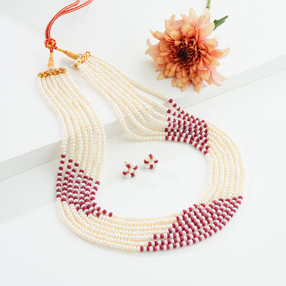 Ethereal Natural Ruby And 3.0-4.0mm Button Freshwater Pearl Mix Necklace Set- AAA Quality