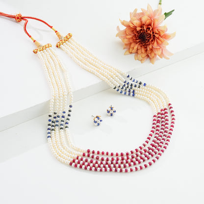 Natural Mix Ruby & Sapphire 3.0-4.0mm Button Freshwater Pearl Necklace Set - AAA Quality