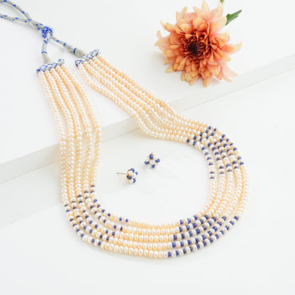 Natural Blue Sapphire And 3.0-4.0 Button Freshwater Pearl Necklace Set - AAA Quality