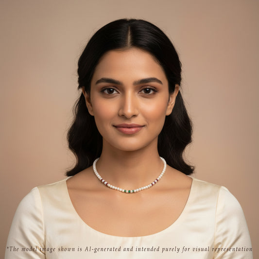 Natural Mix Ruby & Sapphire & Emerald And 3.0-4.0mm Button Freshwater Pearl Necklace Set - A Quality