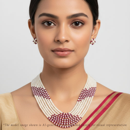 Ethereal Natural Ruby And 3.0-4.0mm Button Freshwater Pearl Mix Necklace Set- AAA Quality