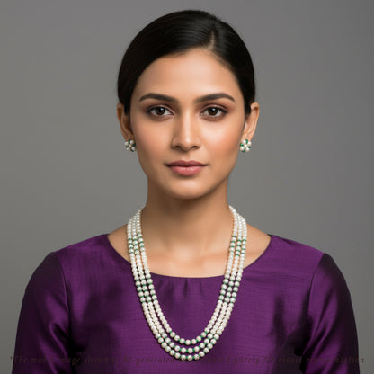 Natural Emerald And 5.0-6.0mm Button Freshwater Pearl Necklace Set - AA Quality