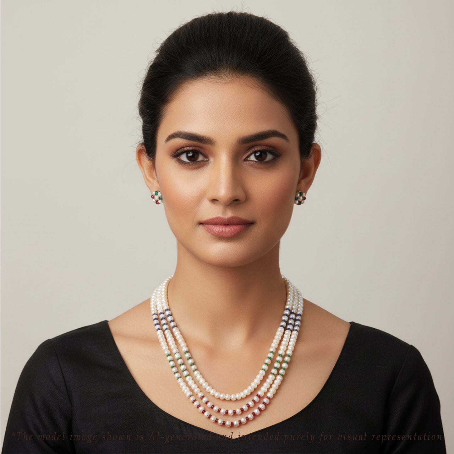 Natural Mix Ruby & Sapphire & Emerald And 5.0-6.0mm Button Freshwater Pearl Necklace Set - AA Quality
