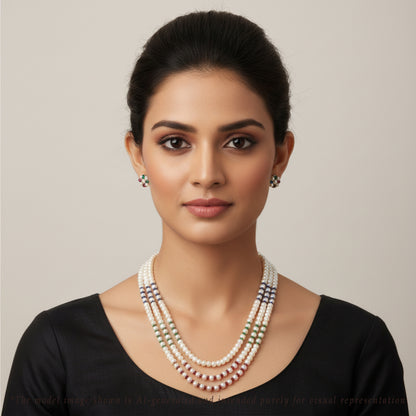 Natural Mix Ruby & Sapphire & Emerald And 5.0-6.0mm Button Freshwater Pearl Necklace Set - AA Quality