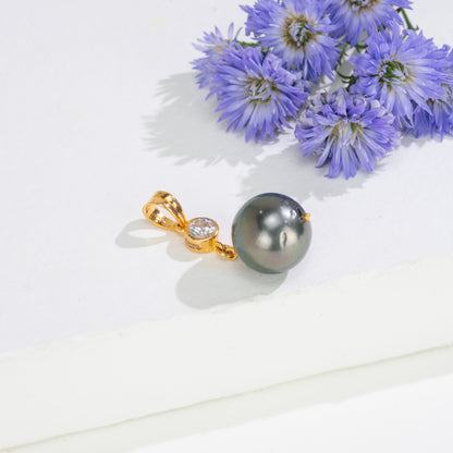 13.0-14.0mm Black Tahitian Pearl With 22K Yellow Gold Stone Pearl Locket