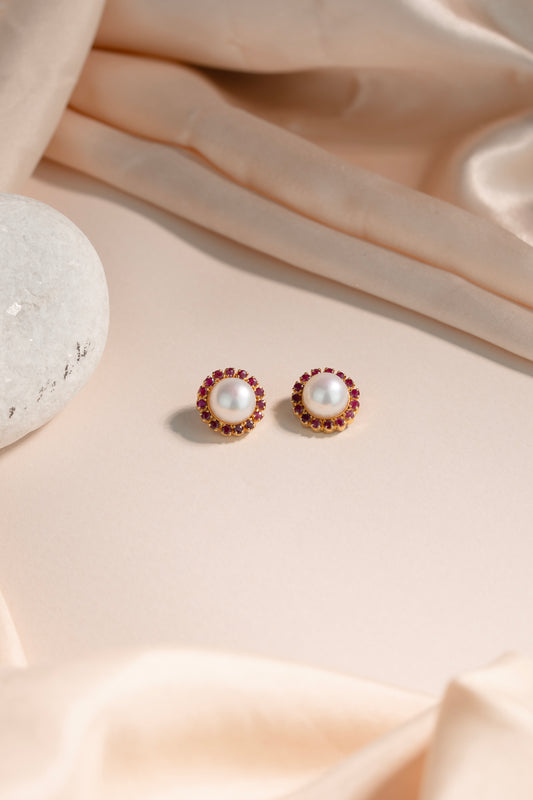 Regal Ruby Pearl Gold Earrings