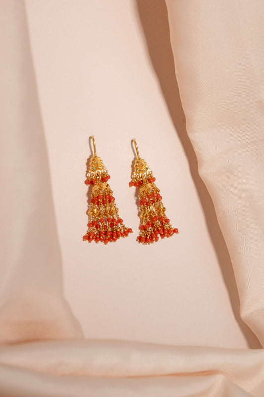 Elegant Coral Bead Gold Jhumka Earrings
