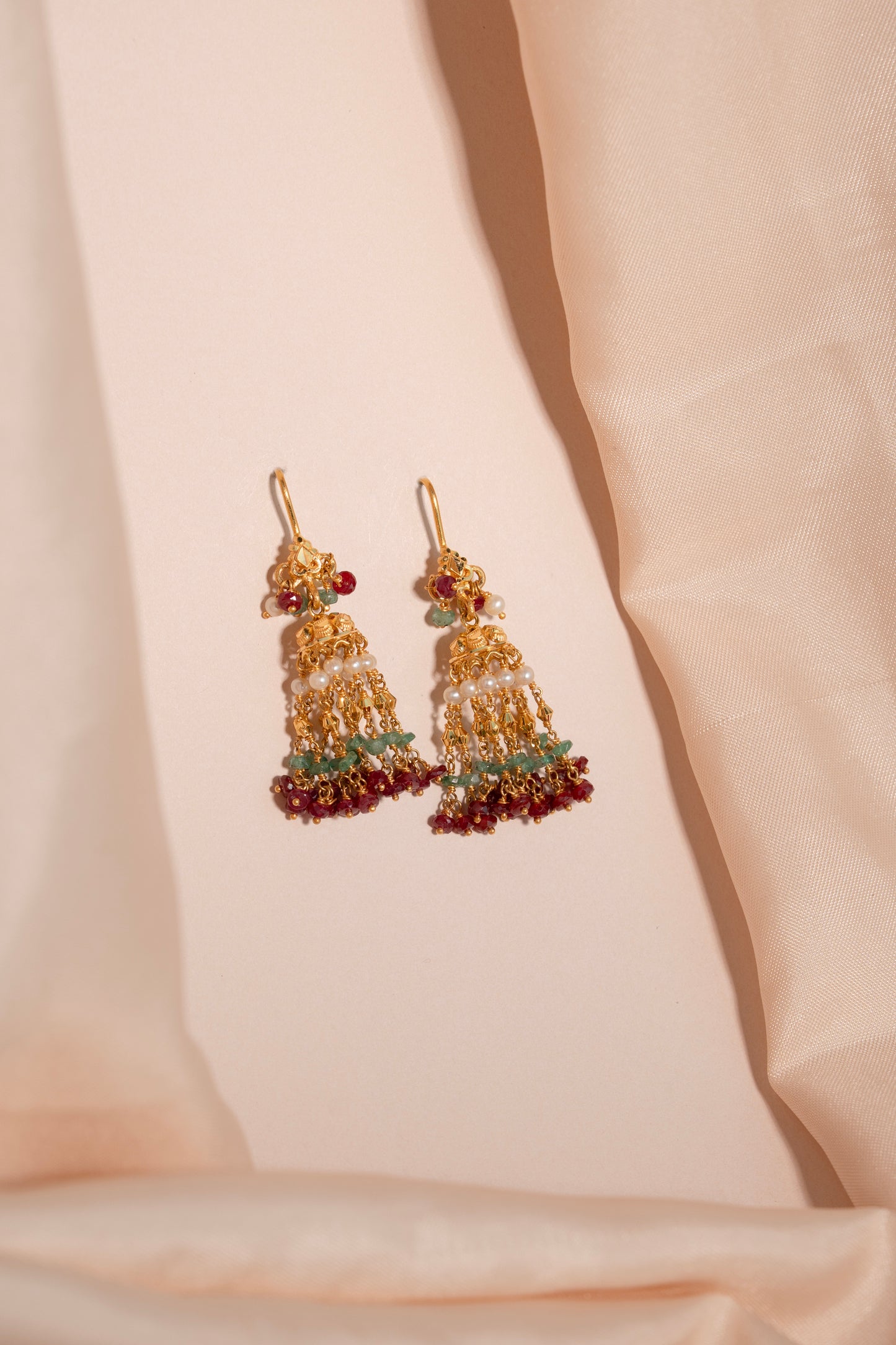 Vintage Ruby Emerald Tassel Gold Earrings