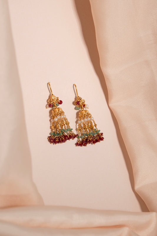 Vintage Ruby Emerald Tassel Gold Earrings