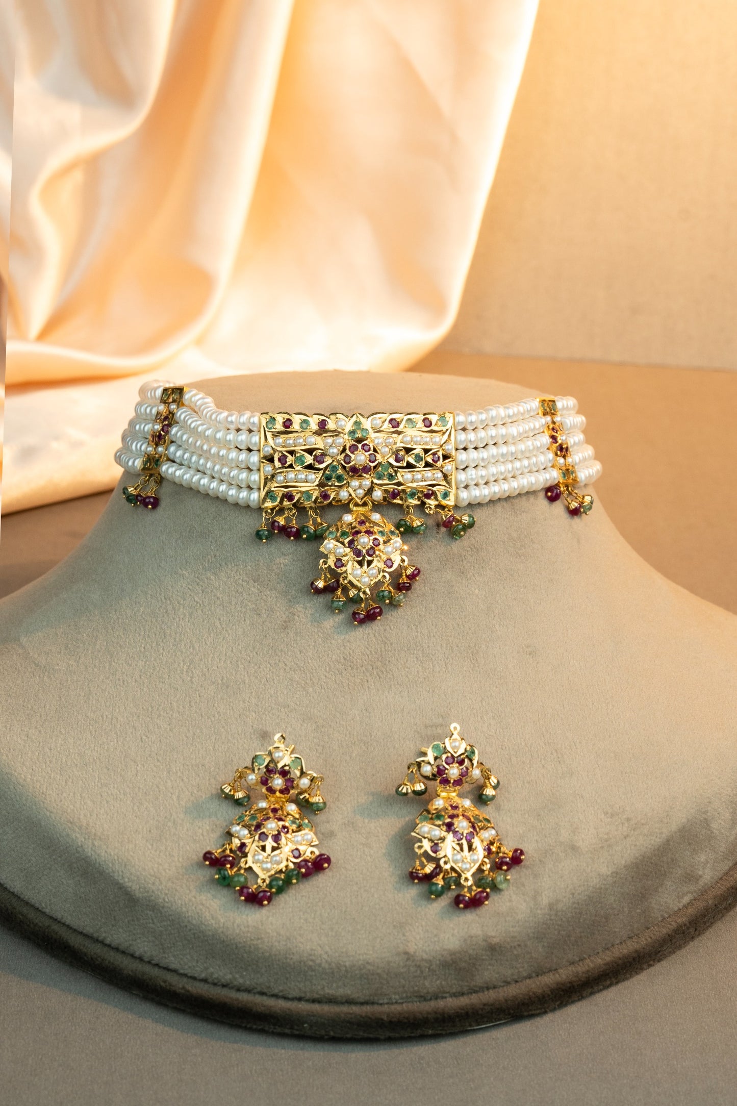 Regal Ruby Emerald Pearl Jadau Set