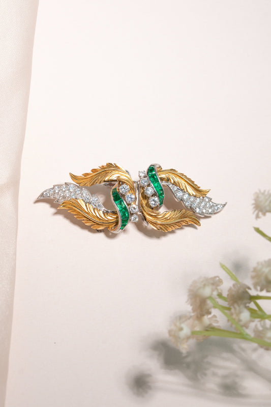 Emerald Elegance Diamond Leaf Brooch
