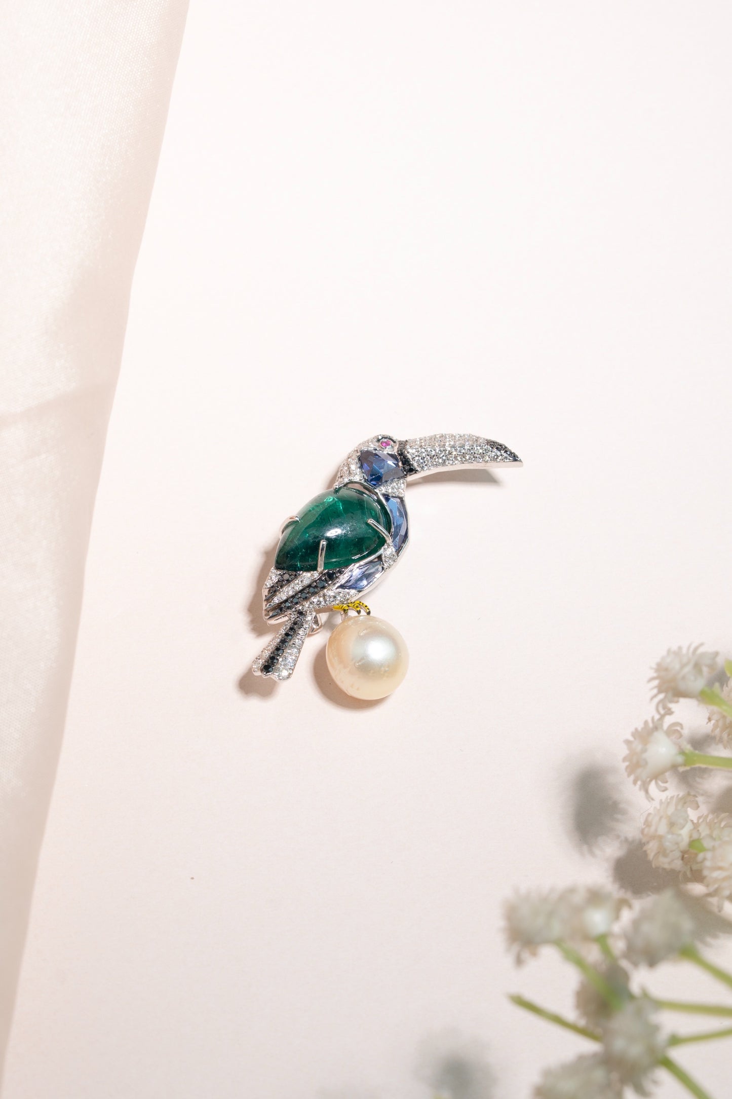 Majestic Emerald, Sapphire & Diamond with Pearl Drop Bird Brooch