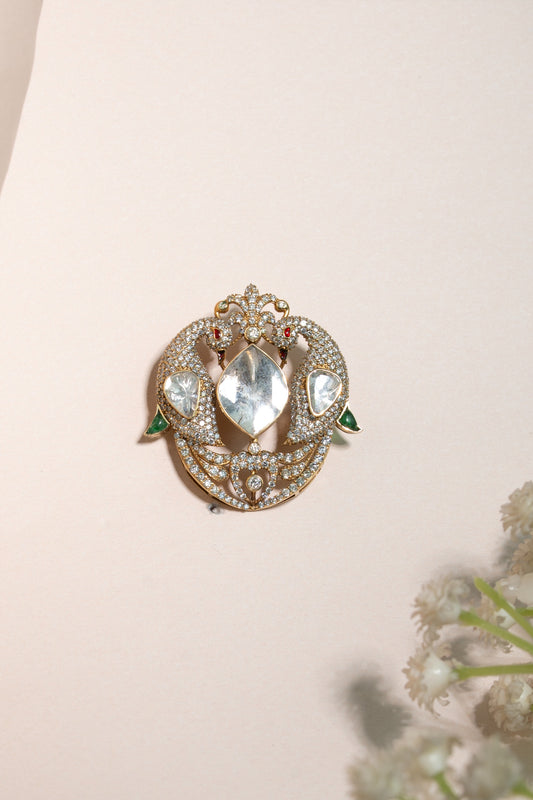 Twin Peacock Polki Diamond Brooch