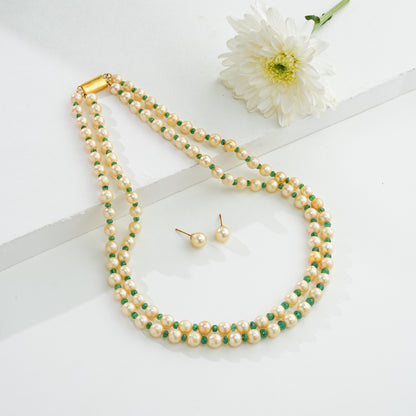 Natural Emerald and Golden  Akoya SaltwaterPearls Necklace Set - A Quality