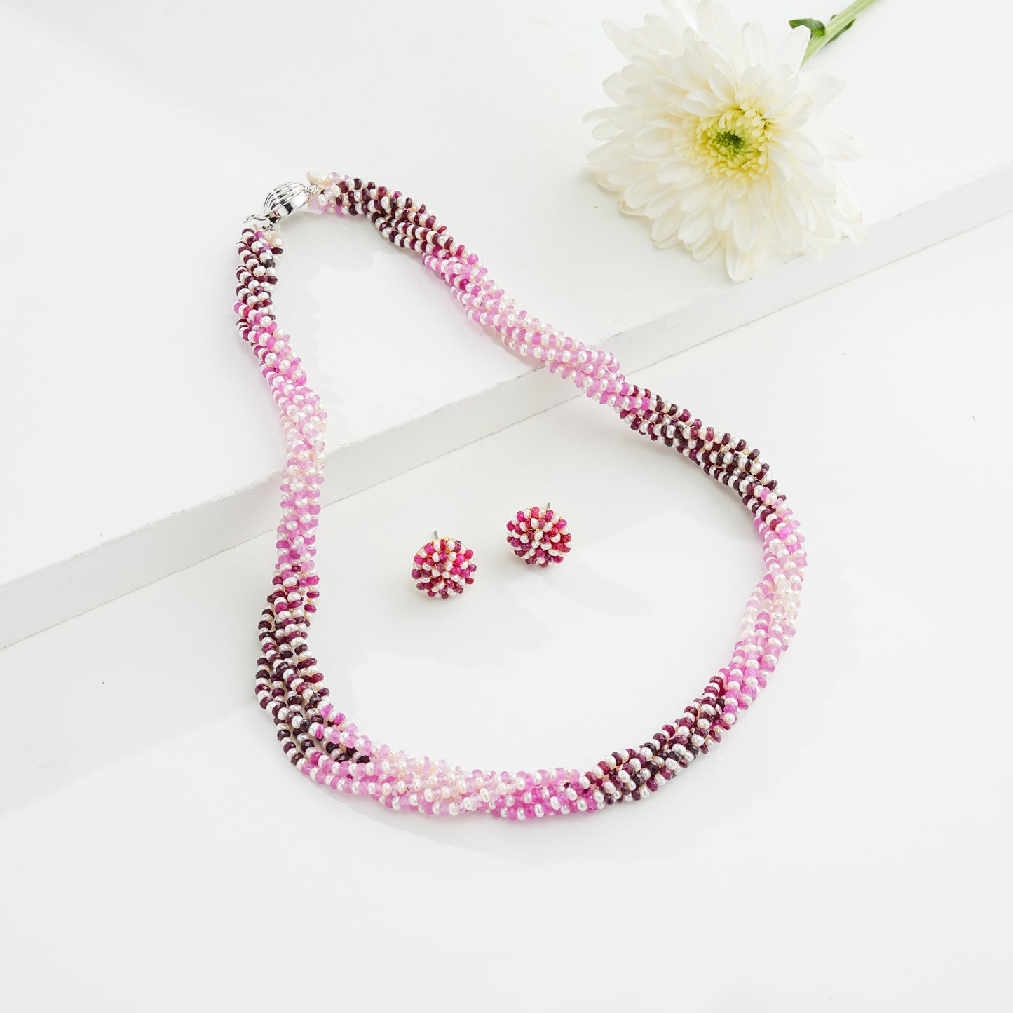 Natural Shaded Ruby and  1.0-2.0mm Seed Freshwater Pearls Necklace Set - AAA Quality