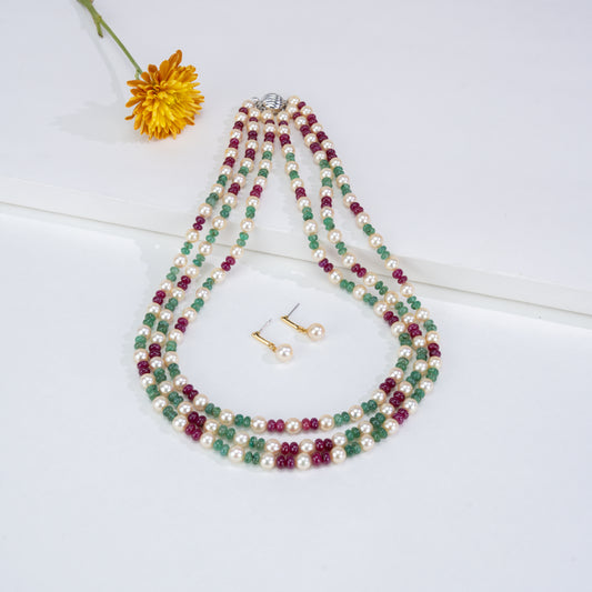 Natural Ruby & Emerald Beads and 6.0-7.0mm Golden Akoya Saltwater Pearls Necklace Set - A Quality