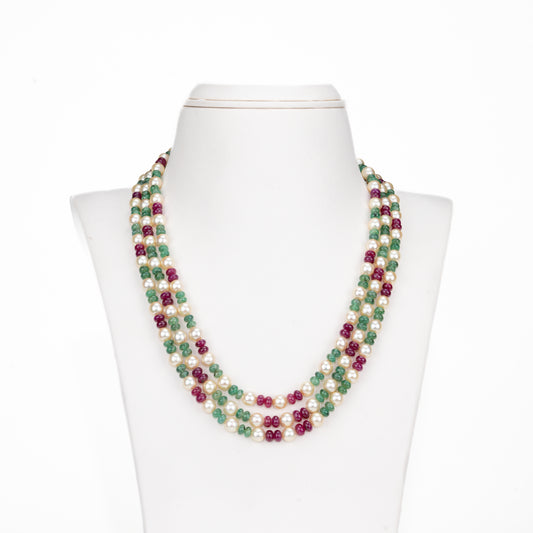 Natural Ruby & Emerald Beads and 6.0-7.0mm Golden Akoya Saltwater Pearls Necklace Set - A Quality