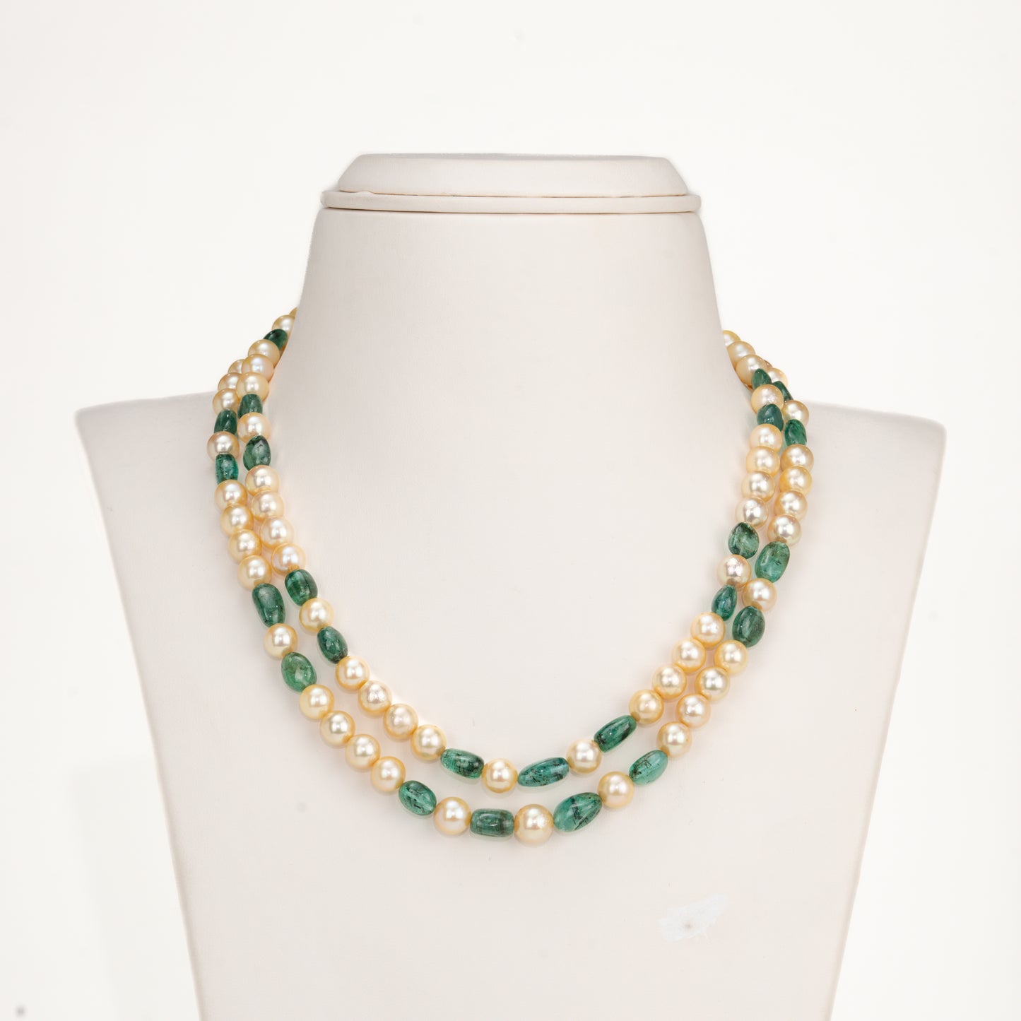 Natural Emerald Beads and 7.0-8.0mm Golden Akoya Saltwater Pearls Necklace Set - A Quality