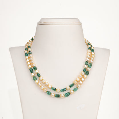 Natural Emerald Beads and 7.0-8.0mm Golden Akoya Saltwater Pearls Necklace Set - A Quality